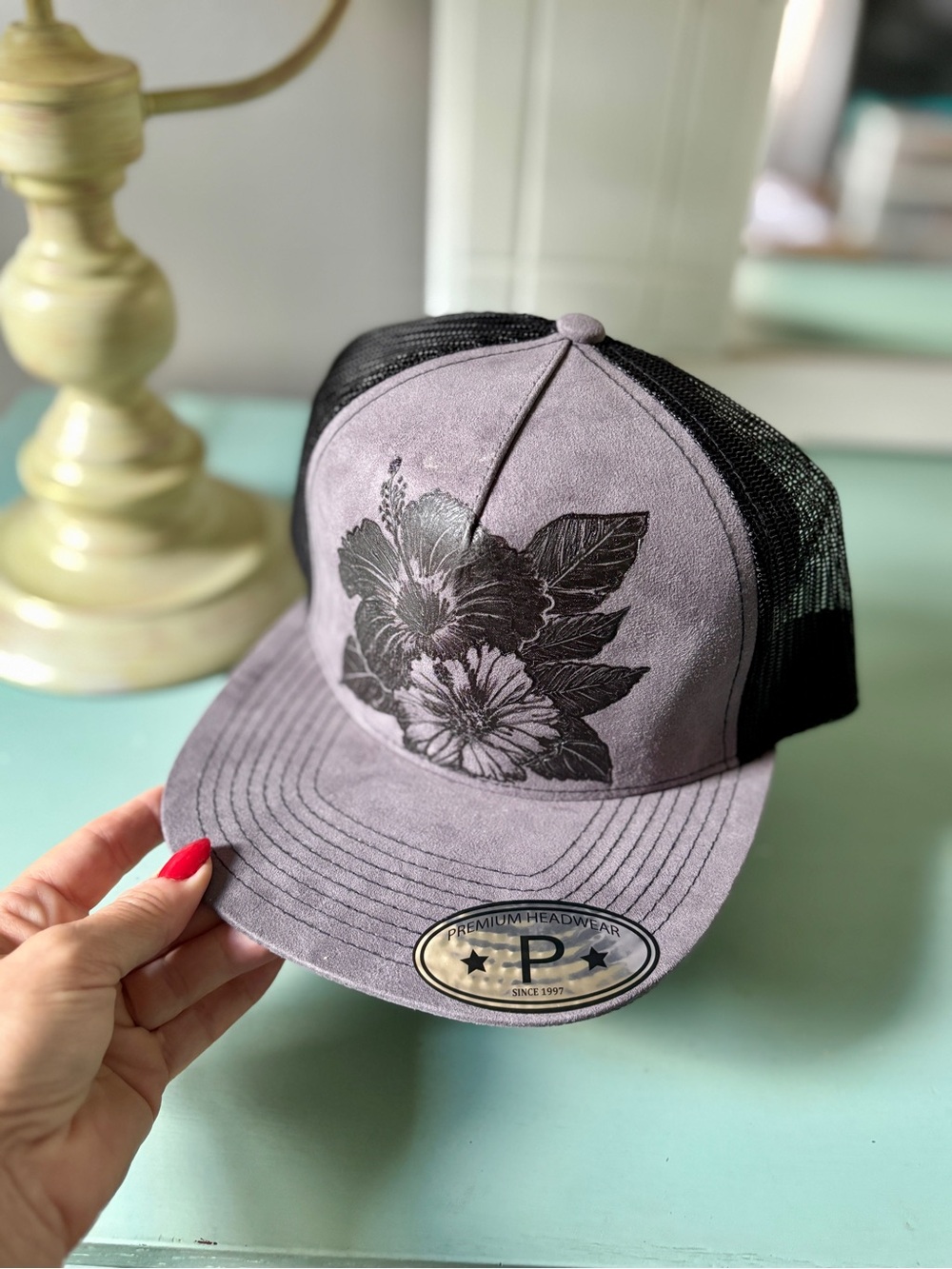 Trucker Hat - Gray and Black, Faux Suede w/Hand Burned Floral Design - NWT